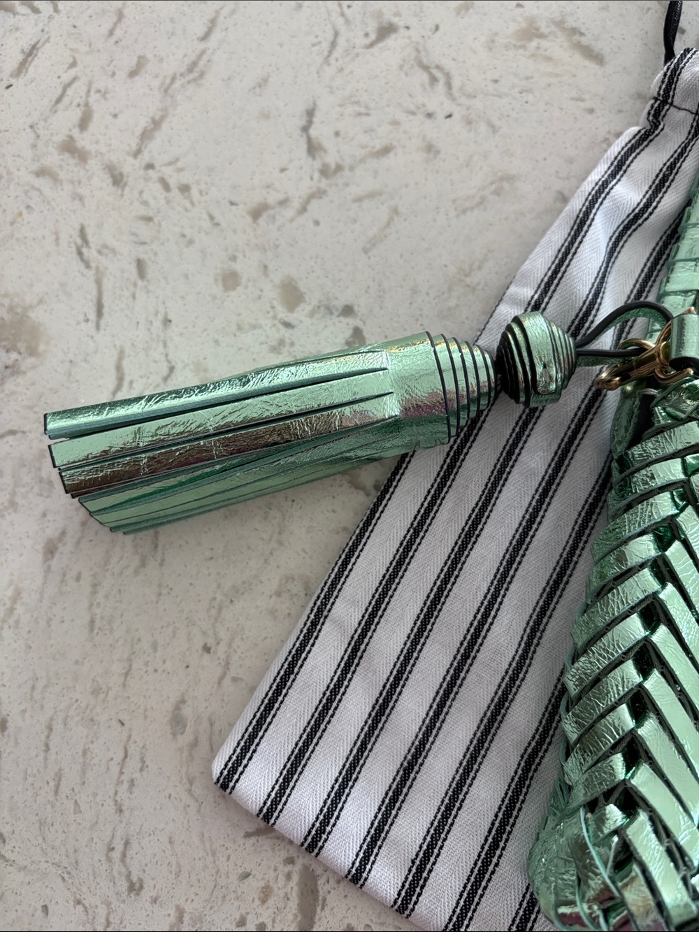 ANYA HINDMARCH Pistachio Green Metallic Neeson Tasseled Clutch Bag - Picture 4 of 10